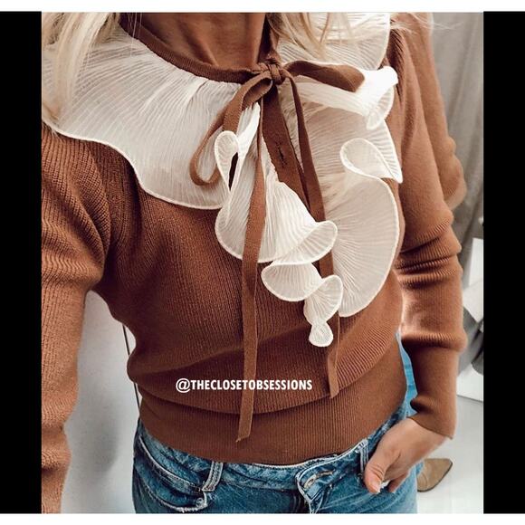 ZARA Knit Top with Ruffle Tie NWT | Brown Long Sleeve Contrast Collar M - Picture 8 of 16